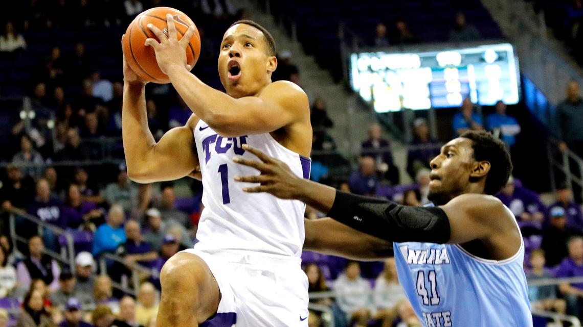 TCU guard Desmond Bane (1) dunks in front of Indiana State center Emondre Rickman (41) in the second half of a NCAA college basketball game at Schollmeier Arena, Fort Worth, Texas, Sunday, Dec. 16, 2018. TCU defeated Indiana State 90-70. (Star-Telegram Bob Booth)