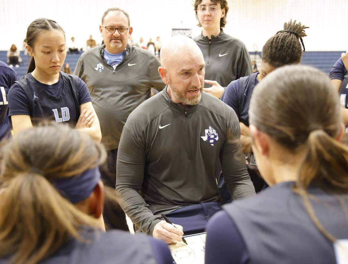 L.D. Bell head coach Andy Bloodworth talks to the team during a timeout in the first half of a UIL girls basketball game between L.D. Bell and Keller at Keller High School in Keller, Texas, Friday Jan. 16, 2026
