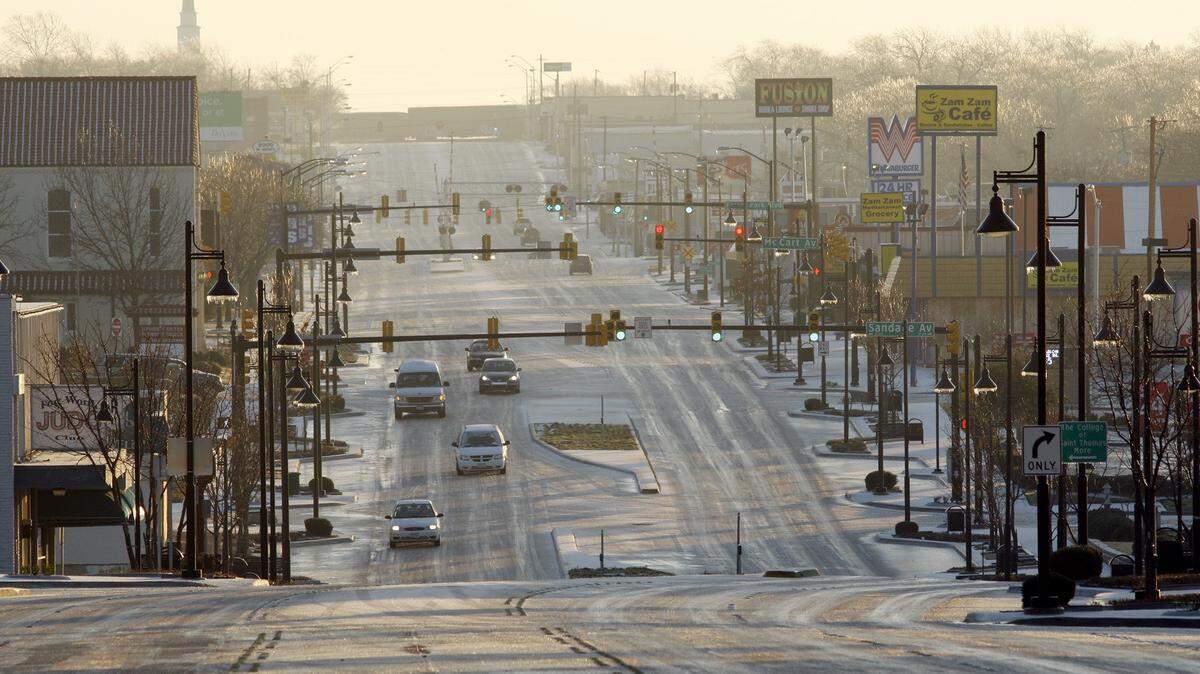 Jan. 28, 2009: An icy West Berry Street east of South University is all but deserted at 8 a.m. Severe weather arrived overnight in the North Texas area, with rain and sub-freezing temperatures making conditions hazardous.