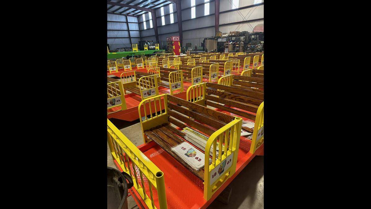 A shot of the rebuilt railroad cars for the Forest Park mini train.
