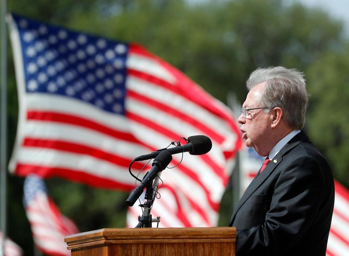 Judge Glen Whitley introduces the key note speaker during The 93rd Fort Worth Memorial Day Service at Mount Olivet Cemetery in Fort Worth, Texas, Monday, May 30, 2022. (Special to the Star-Telegram Bob Booth)