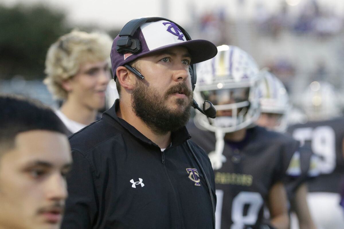Timber Creek’s Head Coach Austin Kahn during a UIL football game at Keller ISD Stadium on Thursday, October 3, 2024.