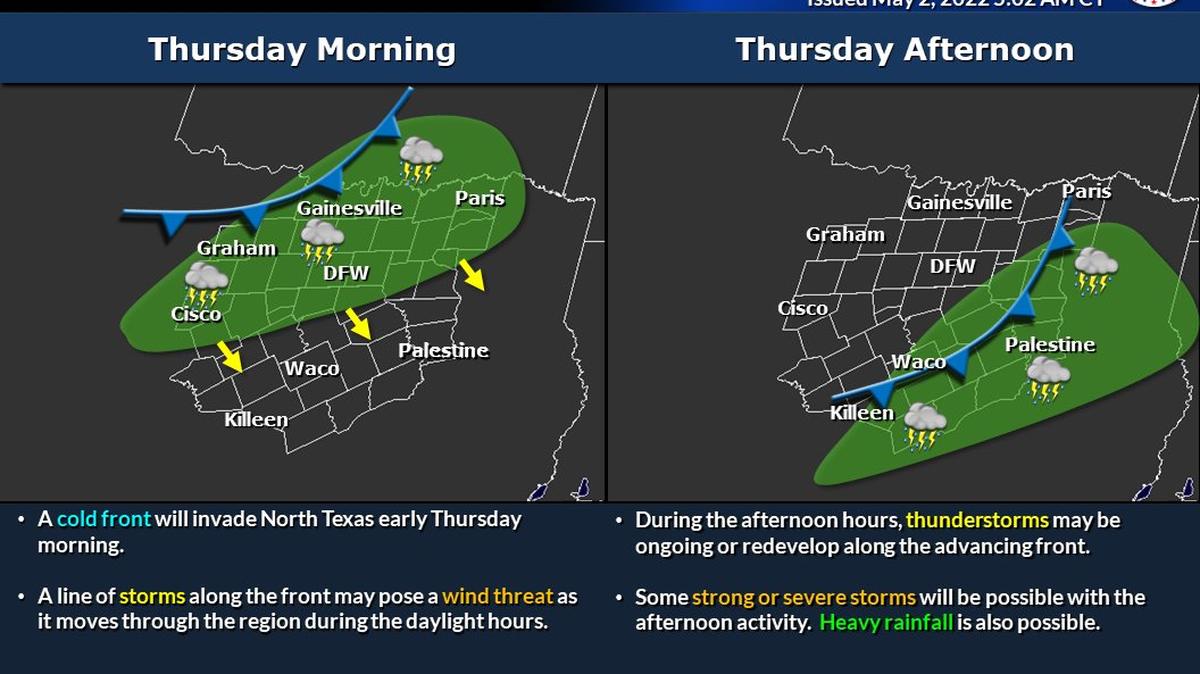 A final round of storms is expected to move into North Texas Thursday morning and end by Thursday afternoon, according to the National Weather Service.