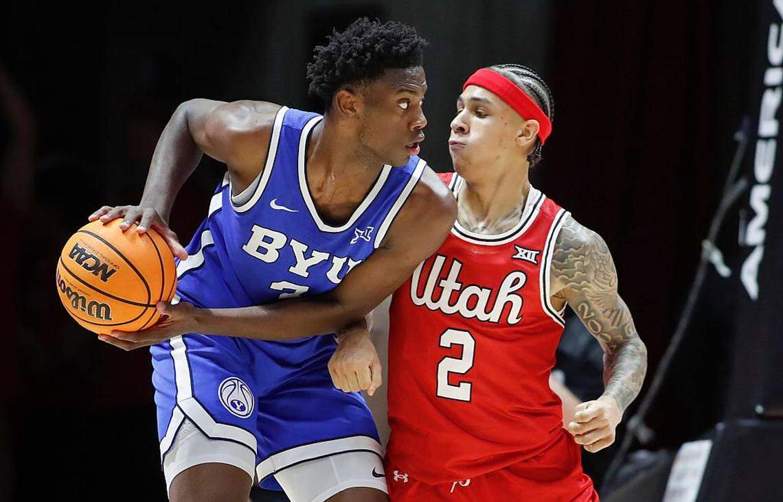 SALT LAKE CITY, UT - JANUARY 10: AJ Dybantsa #3 of the Brigham Young Cougars works agaisnt Terrence Brown #2 of the Utah Utes during the second half of their game at the Jon M Huntsman Center on January 10, 2026 in Salt Lake City, Utah.(Photo by Chris Gardner/Getty Images)