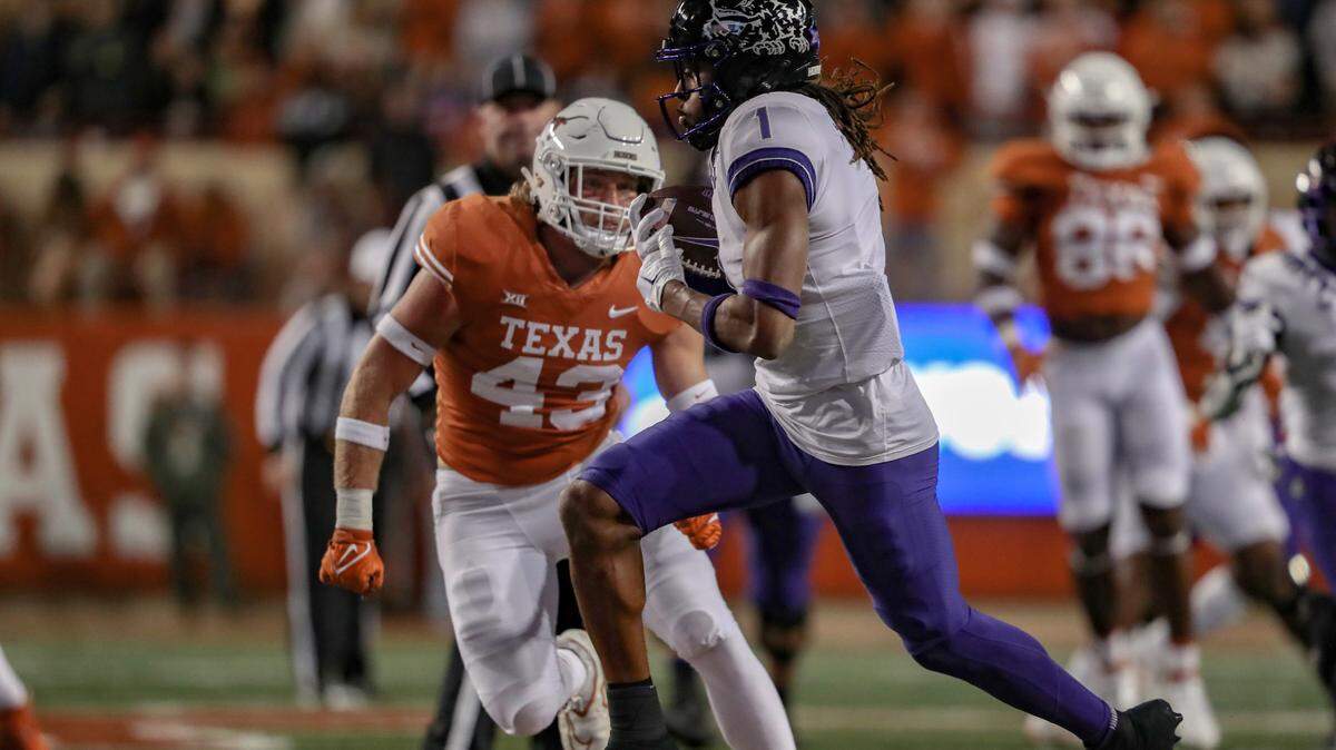 TCU wide receiver Quentin Johnston catches a pass during their game against UT at the DKR Texas Memorial Stadium in Austin on Saturday, Nov. 12, 2022.