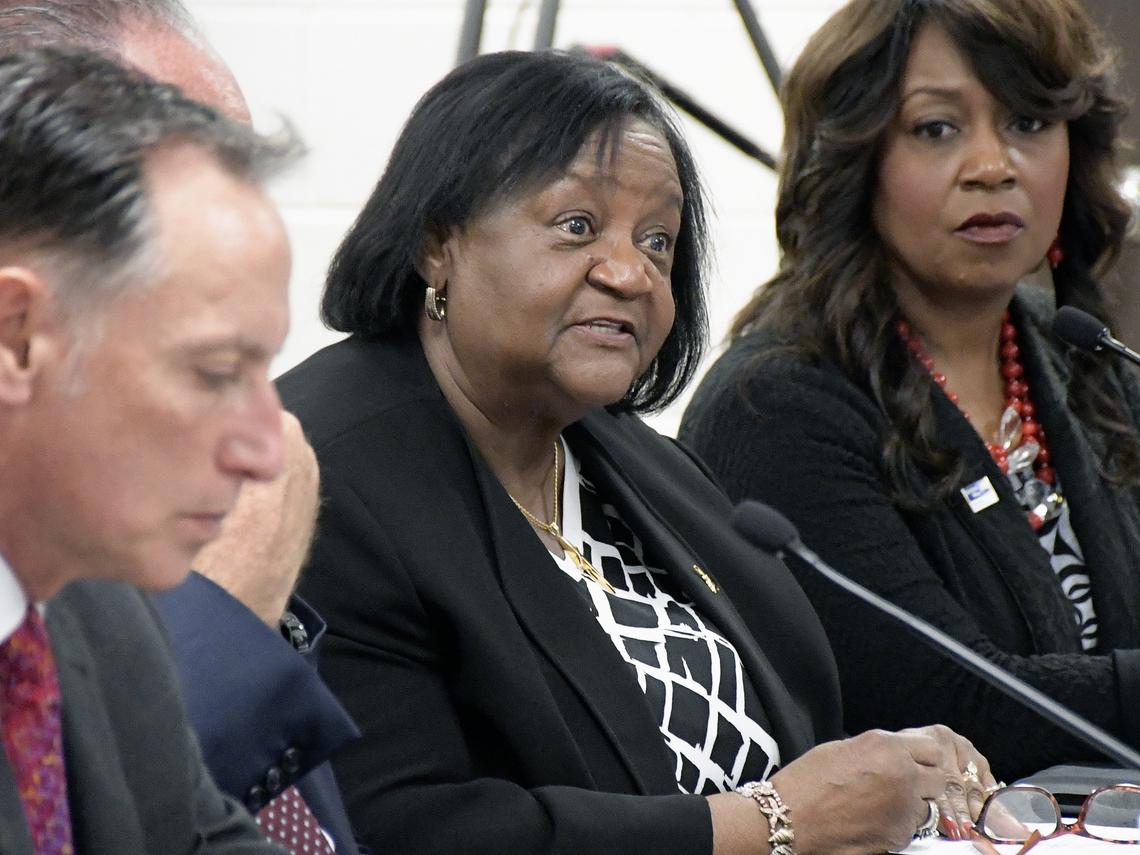 Lillie Biggins, Texas Health Resources, talks to HUD Secretary Ben Carson during a roundtable discussion about the new EnVision Center at MLK Jr. Community Center in Fort Worth, TX, Tuesday, June 19, 2018.