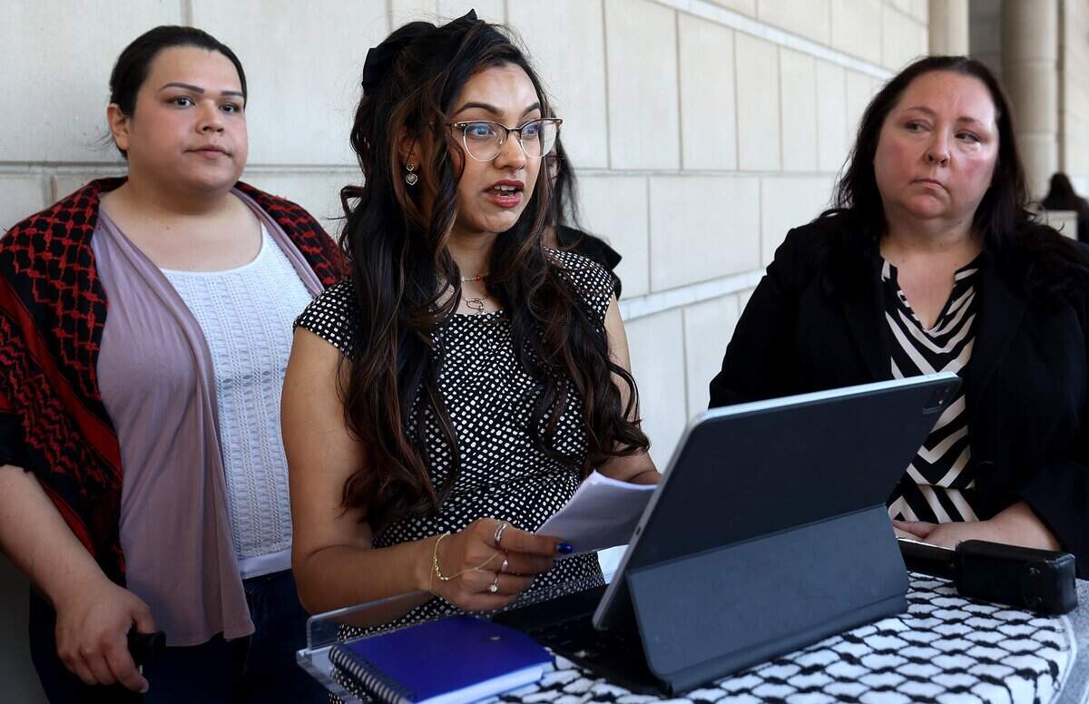 Najwa Alam Armstrong, sister of defendants Raunaq Alam, speaks during a press conference on Monday, Sept. 8, 2025, outside the Tim Curry Criminal Justice Center in Fort Worth. Raunaq Alam, a pro-Palestine protester, initially faced misdemeanor graffiti charges with two other defendants but prosecutors upgraded their case to felonies under Texas hate-crime law.