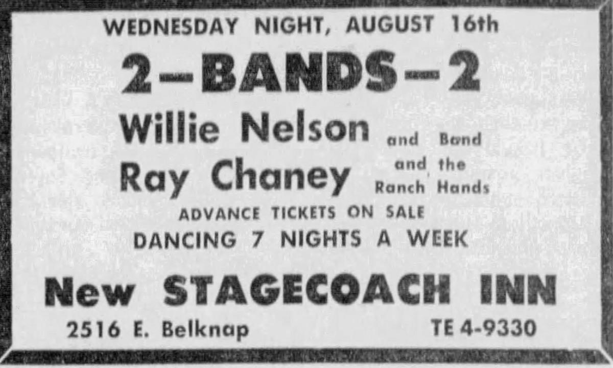 An advertisement in the Fort Worth Star-Telegram published in August 1967 for a Willie Nelson show at the newly reopened Stagecoach Inn on East Belknap Street.