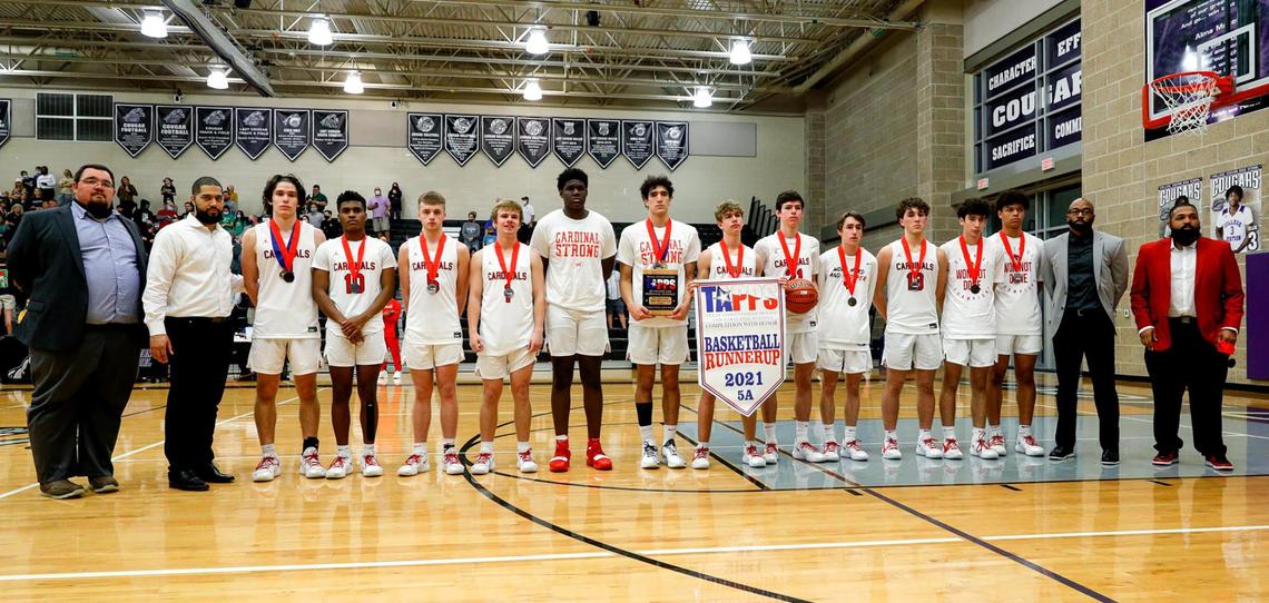 The Fort Worth Christian Cardinals get runner up in the 5A TAPPS Boys Basketball State Championship game. The Woodlands Christian Academy Warriors won, 60-47, on March 12, 2021 played at College Station High School in College Station, TX. (Steve Nurenberg Special to the Star-Telegram)