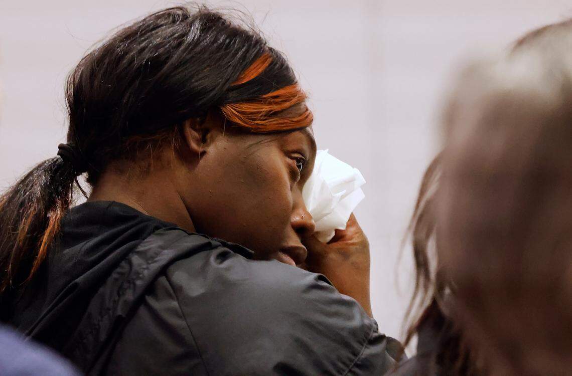 Roshone Jacob, the mother of shooting victim Ja’Shawn Poirier, wipes a tear after hearing the sentence of the teenage assailant on Thursday, September 21, 2023. The teen who opened fire at Arlington’s Lamar High received the maximum sentence of 40 years for capital murder in juvenile court.