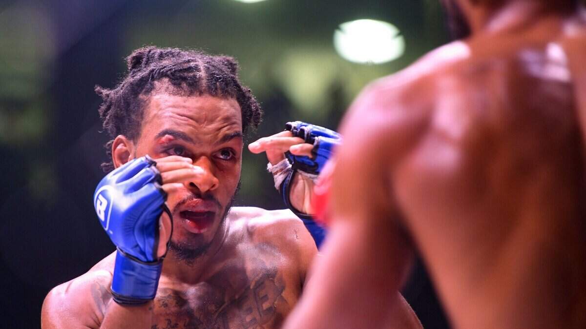 Keith Lee waits in a defensive stance while fighting Jornel Lugo in the Bellator 265 mixed martial arts event on Friday, August 20, 2021 at the Sanford Pentagon in Sioux Falls. Bellator Mma 021