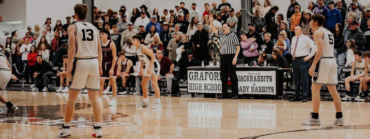 The Graford Jackrabbits line up on defense against the De Leon Bearcats in a game where Graford head coach Jeff Bell will get his 1,000th win. Cye Lemley (5) scored 26 points in Graford’s 90-34 win over the Bearcats on Friday, Dec. 20, 2024. (Photo courtesy of: Jordan Bell)