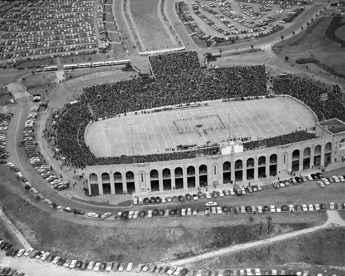 Airview of stadium made during TCU vs. SMU homecoming game when stadium was dedicated to Amon G. Carter in 1951.