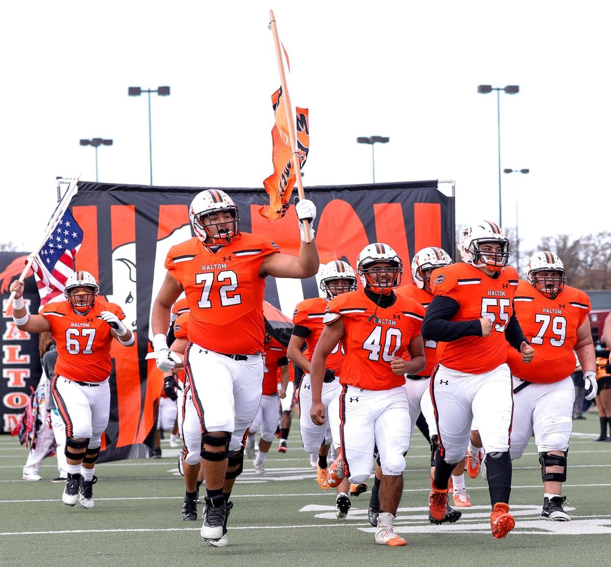 The Haltom Buffalos enter the field to face the Trinity Trojans in a High School Football game played, Friday afternoon, November 27, 2020 at the Birdville ISD Fine Arts/Athletics Complex in North Richland Hills, Tx. (Steve Nurenberg Special to the Star-Telegram)