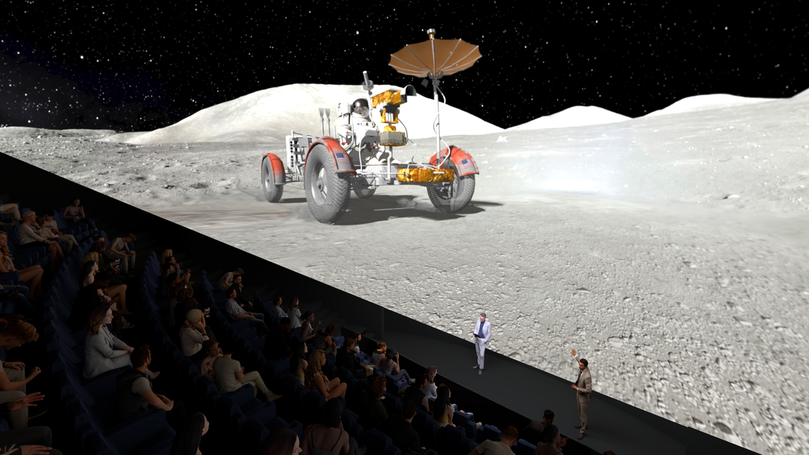 Representación del nuevo Jane & John Justin Foundation Omni Theater, que sustituye un proyector IMAX por paneles LED digitales 8K en la cúpula del cine.