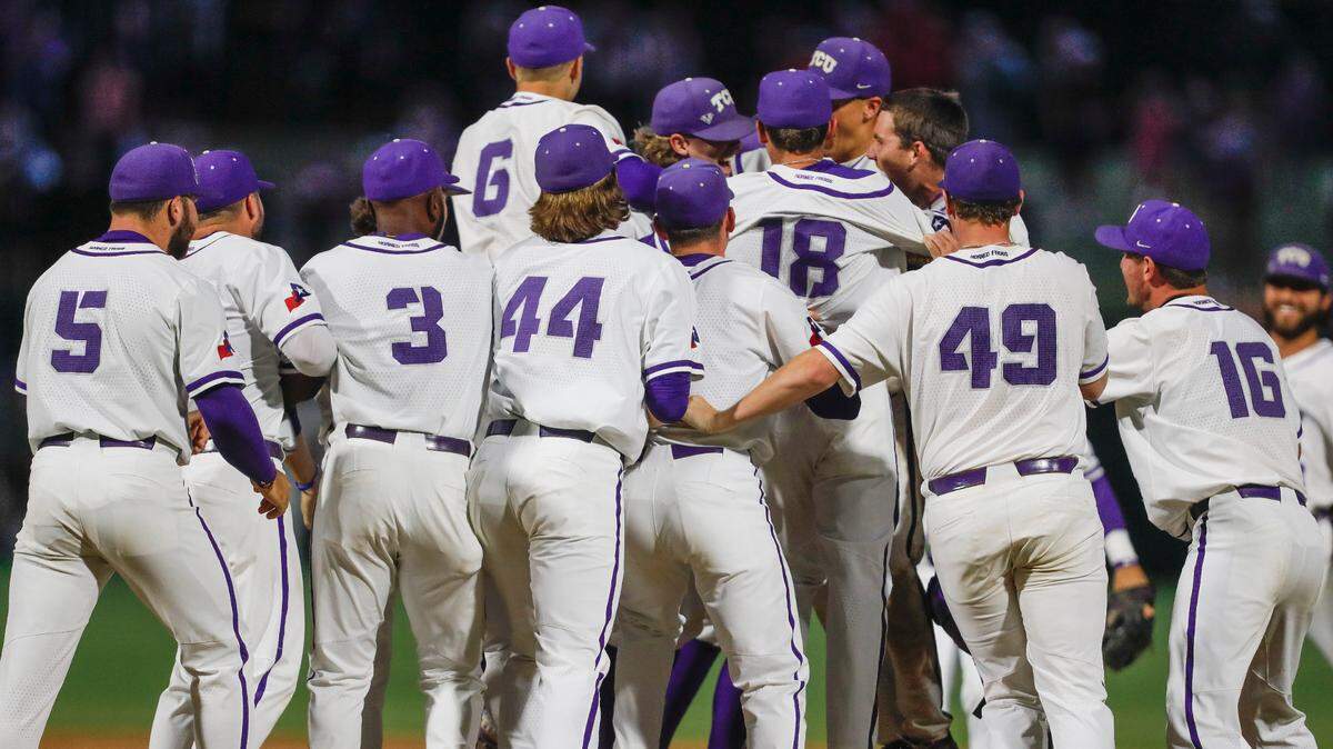 TCU celebrates after defeating Oklahoma State during the NCAA Big 12 baseball championship game in Oklahoma City on Sunday, May 30, 2021. 