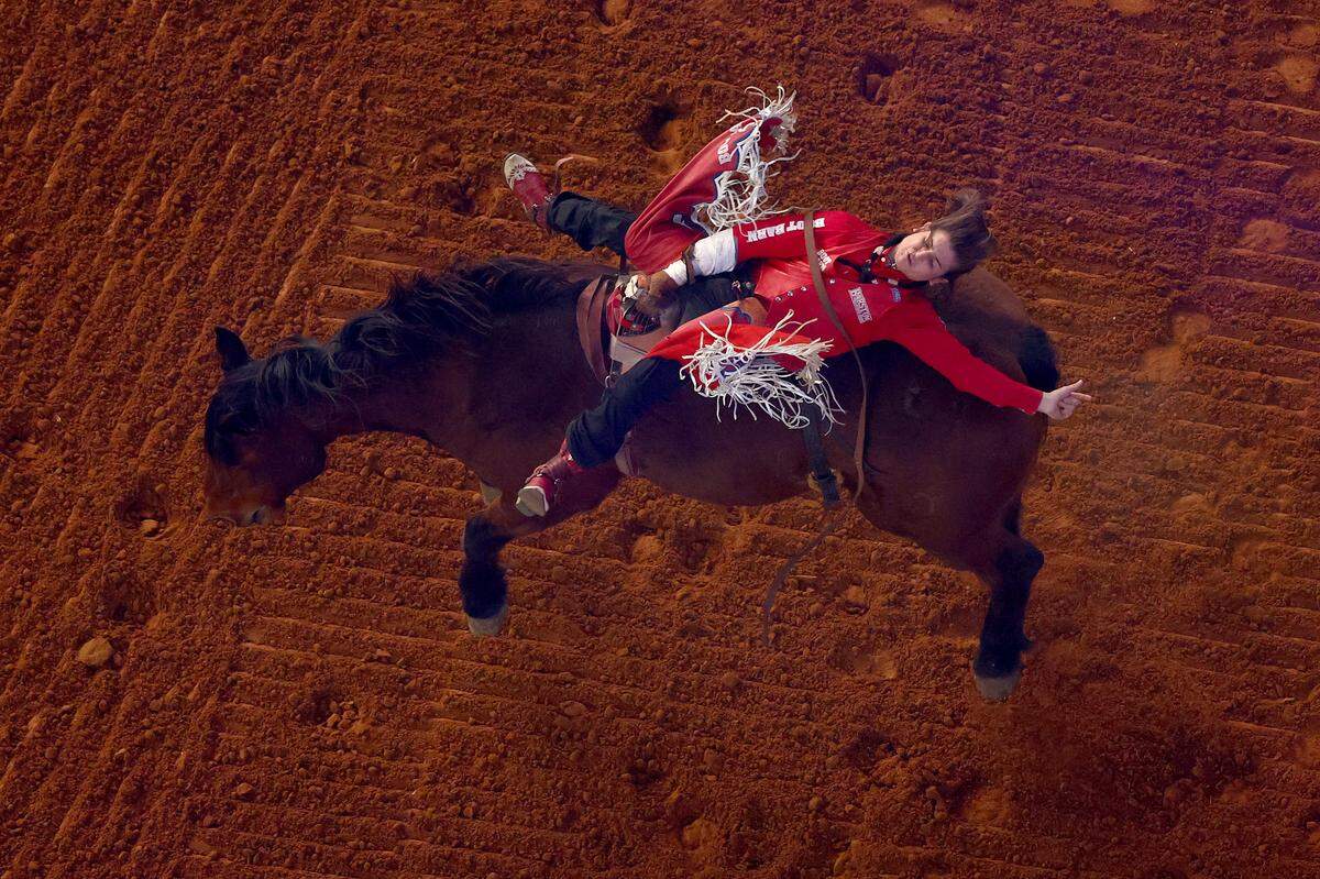 ARLINGTON, TEXAS - Rocker Steiner, riding Weenie, competes in the bareback riding event during The American Rodeo by Teton Ridge at Globe Life Field on March 09, 2024 in Arlington, Texas. (Photo by Maddie Meyer/Getty Images for Teton Ridge)