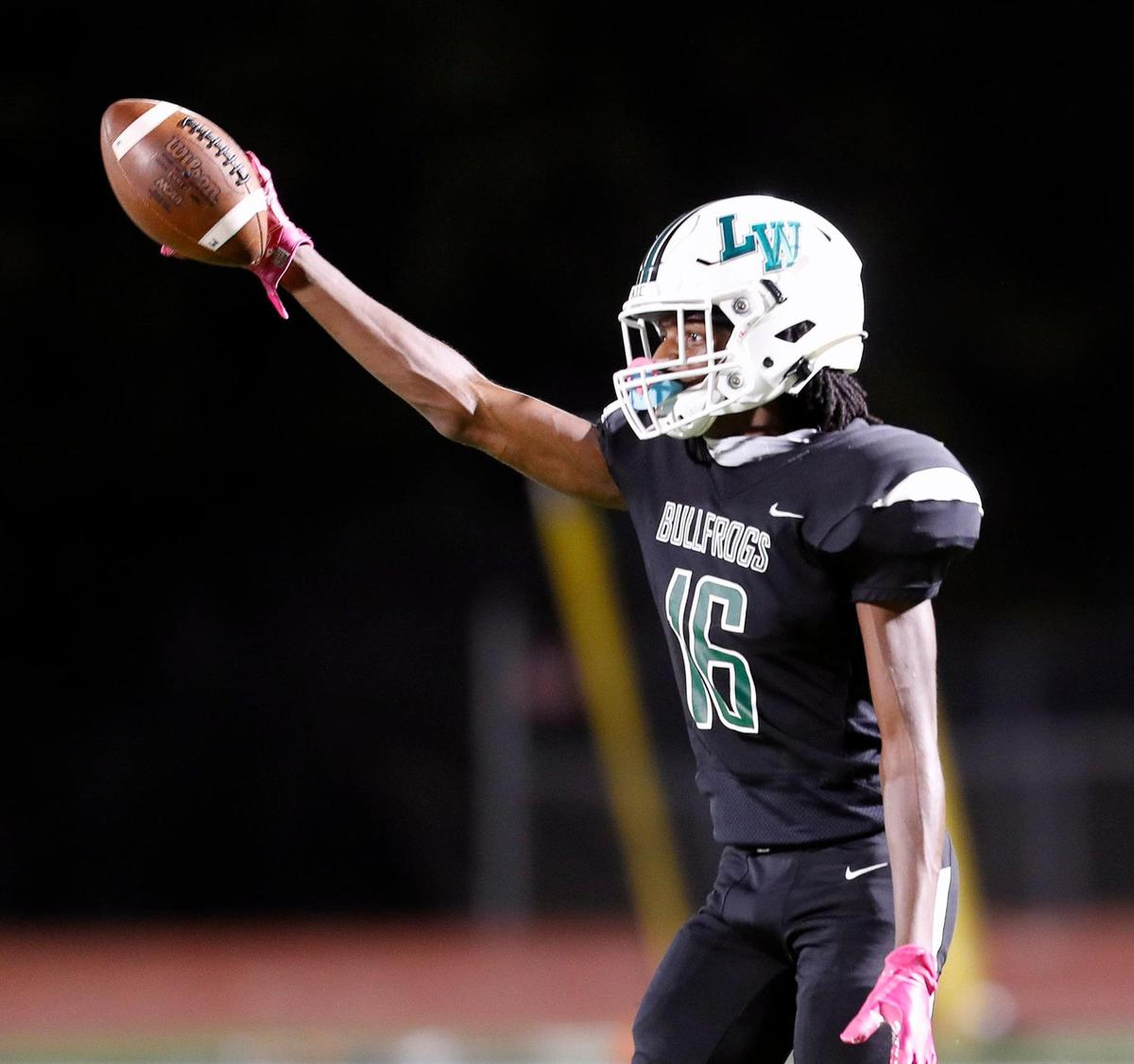 Lake Worth defensive back Craig Williams (16) displays his fumble recovery during a high school football game at Kittrell Memorial Stadium in Lake Worth, Friday Aug. 28, 2020. Lake Worth defeated McGregor 47-43 to start the season. Temperatures were 111 at the start the game and 94 when it ended. (Special to the Star-Telegram Bob Booth)