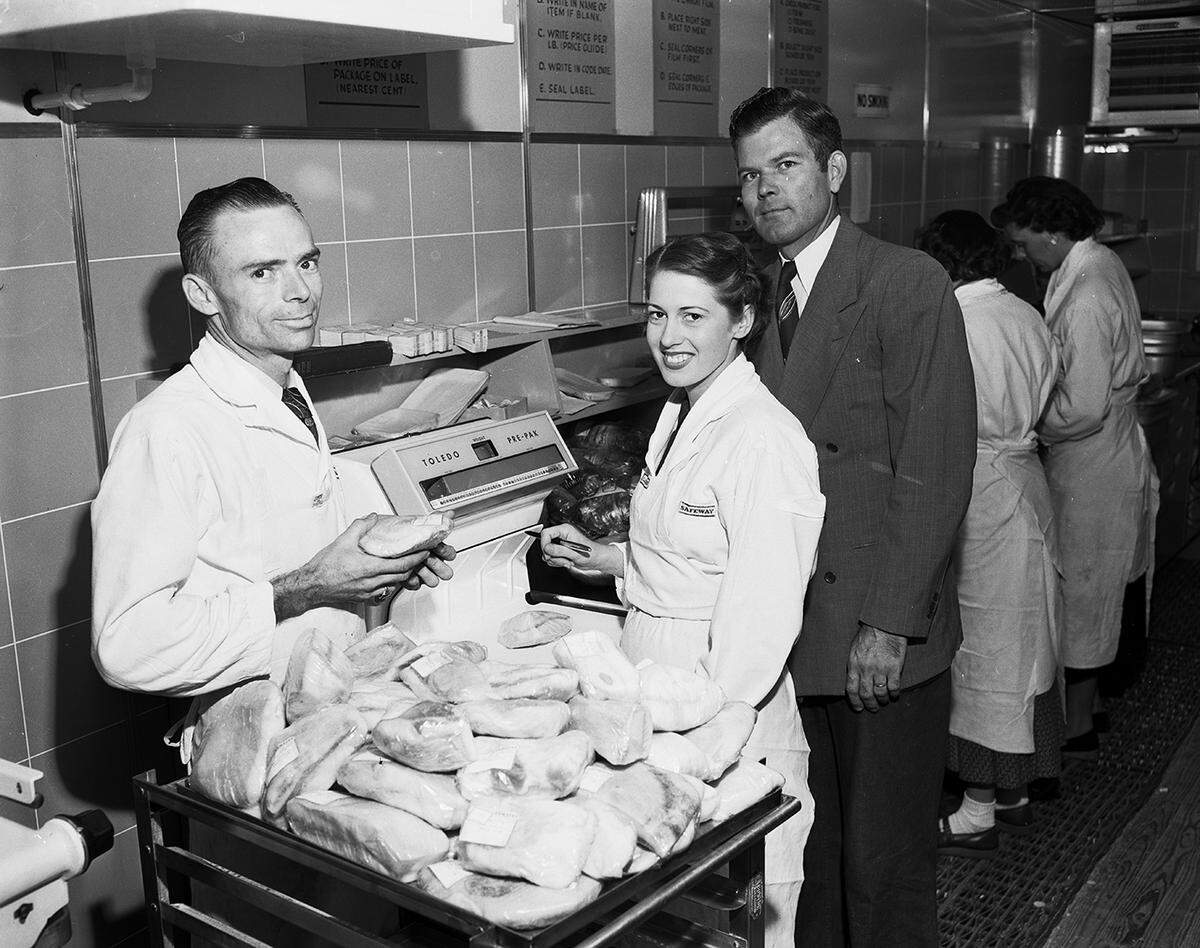 July 28, 1950: “The packaging department for meats at a remodeled Safeway Store on 2816 Rosedale (the site near Texas Wesleyan no longer exists). Shown at work weighing and packaging bacon are, left to right, Willie Edward Anderson, head meat-cutter; Mrs. Ruth McCullough, and Willie F. Atherton, store manager.”