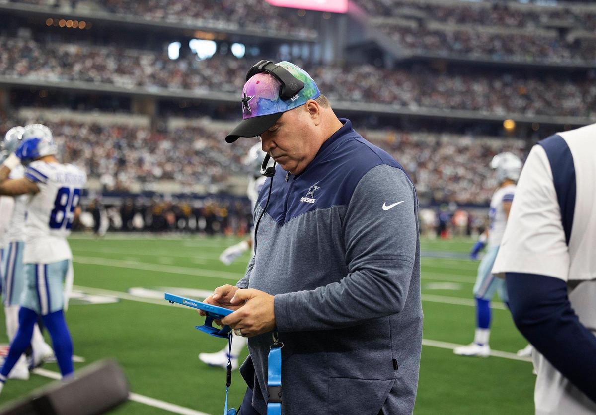 Dallas Cowboys head coach Mike McCarthy on the sidelines against the Washington Commanders on Sunday, October 2, 2022, at AT&T Stadium in Arlington.