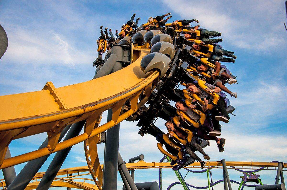 Passengers on Batman: the ride, going 50 mph after the 360 degree loop.