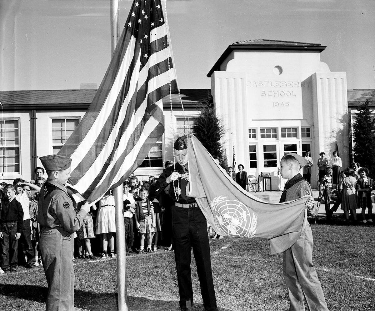 Oct. 24, 1950: Boy Scouts from Castleberry Methodist Church’s Troop 143 raised the UN flag at Castleberry School, before 1,500 students and teachers. Left to right are Richard Lee McKinney, 13, of 1200 Long; Rodger Wagner, 14, of 525 Bond, and Brooks Abbott, 12, of 106 Nursery Lane.