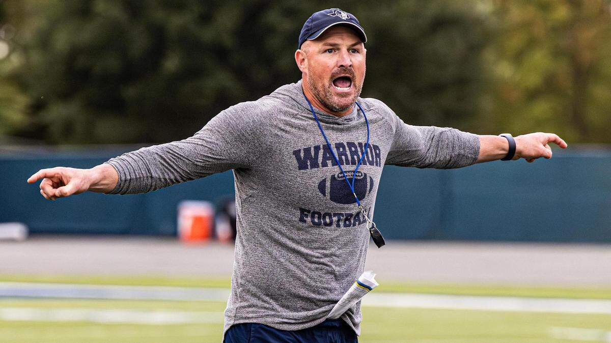 Liberty Christian Head Football Coach Jason Witten coaches the team in a special teams drill during football practice at Warrior Stadium at Liberty Christian School in Argyle, Texas on Tuesday, Aug. 15, 2023.