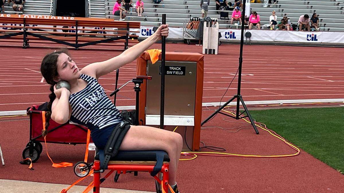 Arlington Lamar freshman Delia Bass prepares to throw the shot put during the UIL Texas State Track and Field Meet at Mike A. Myers Stadium in Austin, Texas, on Friday, May 2, 2025.