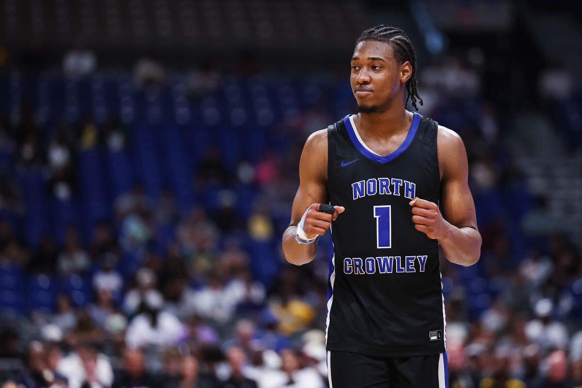 North Crowley forward Alex Barther II pumps his fists in celebration as the clock winds down in the Class 6A Division I state championship game against San Antonio Brennan on Saturday at the Alamodome in San Antonio.
