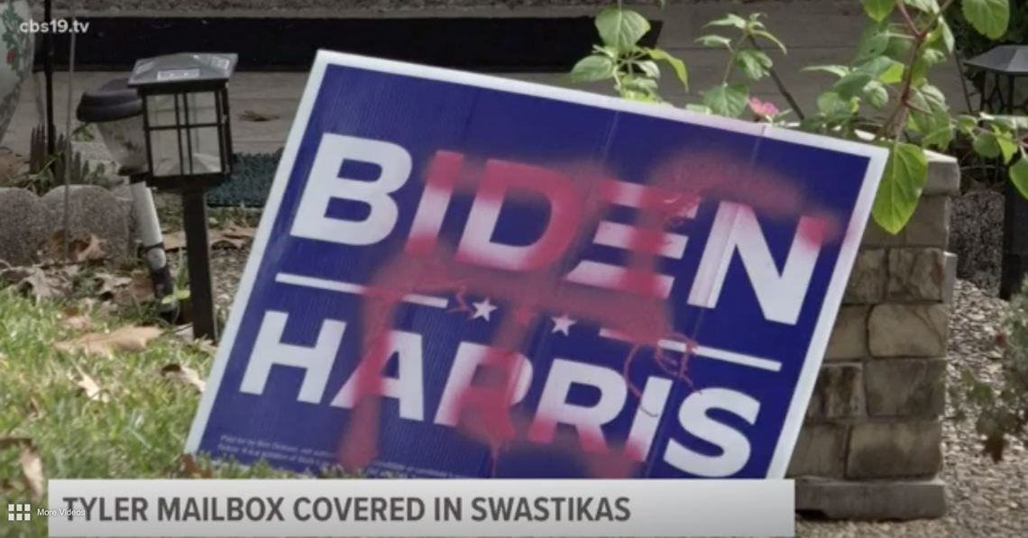 A Joe Biden campaign sign outside Anna and Bill Brown’s Tyler, Texas, home was defaced with a pink swastika, the couple says.
