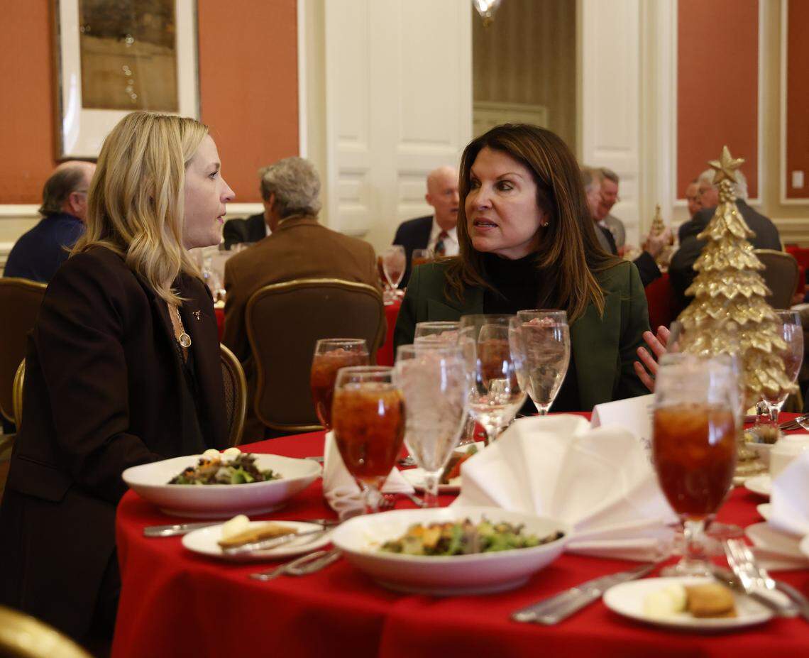 The Exchange Club's only two women members, Maryanne Auld talks with Fort Worth Mayor Mattie Parker at the Exchange Club Christmas luncheon for Children's Charities on Wednesday Dec. 03, 2025 at The Fort Worth Club in Fort Worth, Texas.
