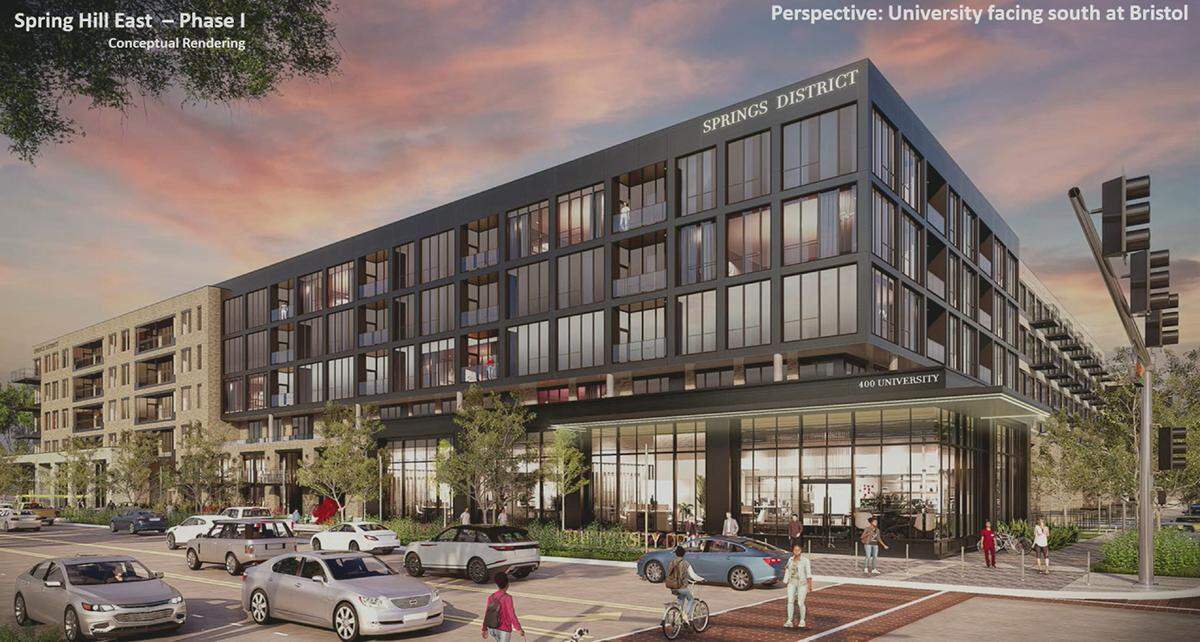 A digital rendering of the “Springs District,” what Ojala Partners and Fort Worth Housing Solutions hope to build in place of the wilting, two-story apartments of The Springs