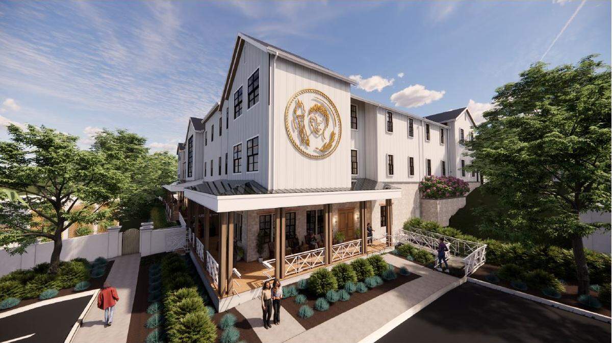A rendering of a two story white building next to a garden and surrounded by trees