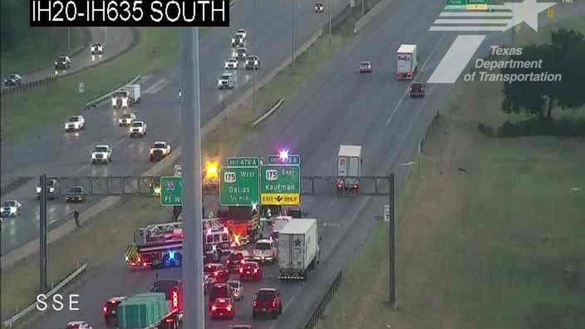 Traffic was backed up for miles on I-635 in Balch Springs on Wednesday due to animal remains spread out across the road, according to police.