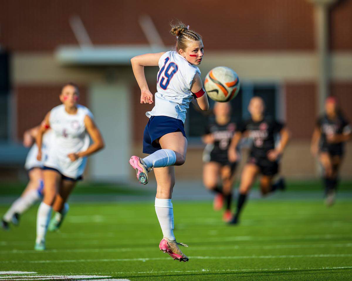 Grapevine’s Makenna Kerr (19) tries to control the ball against Argyle in the Class 5A Division 2 Region 1 Final soccer match on Tuesday, March 31, 2026, at Northwest ISD Stadium in Justin, Texas.