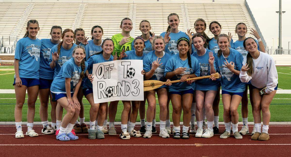 The Joshua girls soccer team poses after defeating Justin Northwest 4-1 in a Class 5A area-round girls soccer match on Friday, March 29, 2024 at Boswell High School in Fort Worth ,Texas.