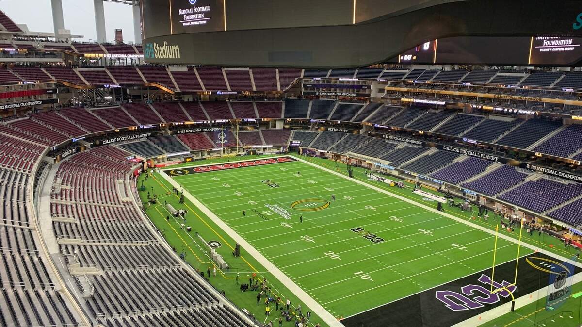 The Star-Telegram’s view from the pressbox at SoFi Stadium, 4 hours, 45 minutes before kickoff of the College Football Playoff championship game.
