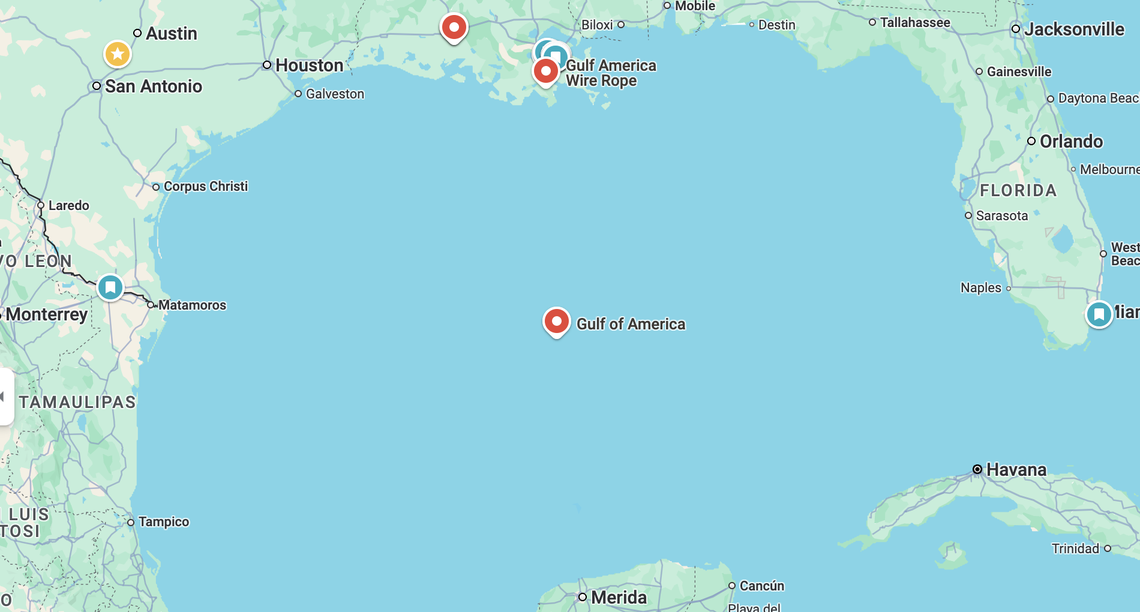 A screenshot of the Google Maps update to the Gulf of Mexico representing President Donald Trump’s desired name change.