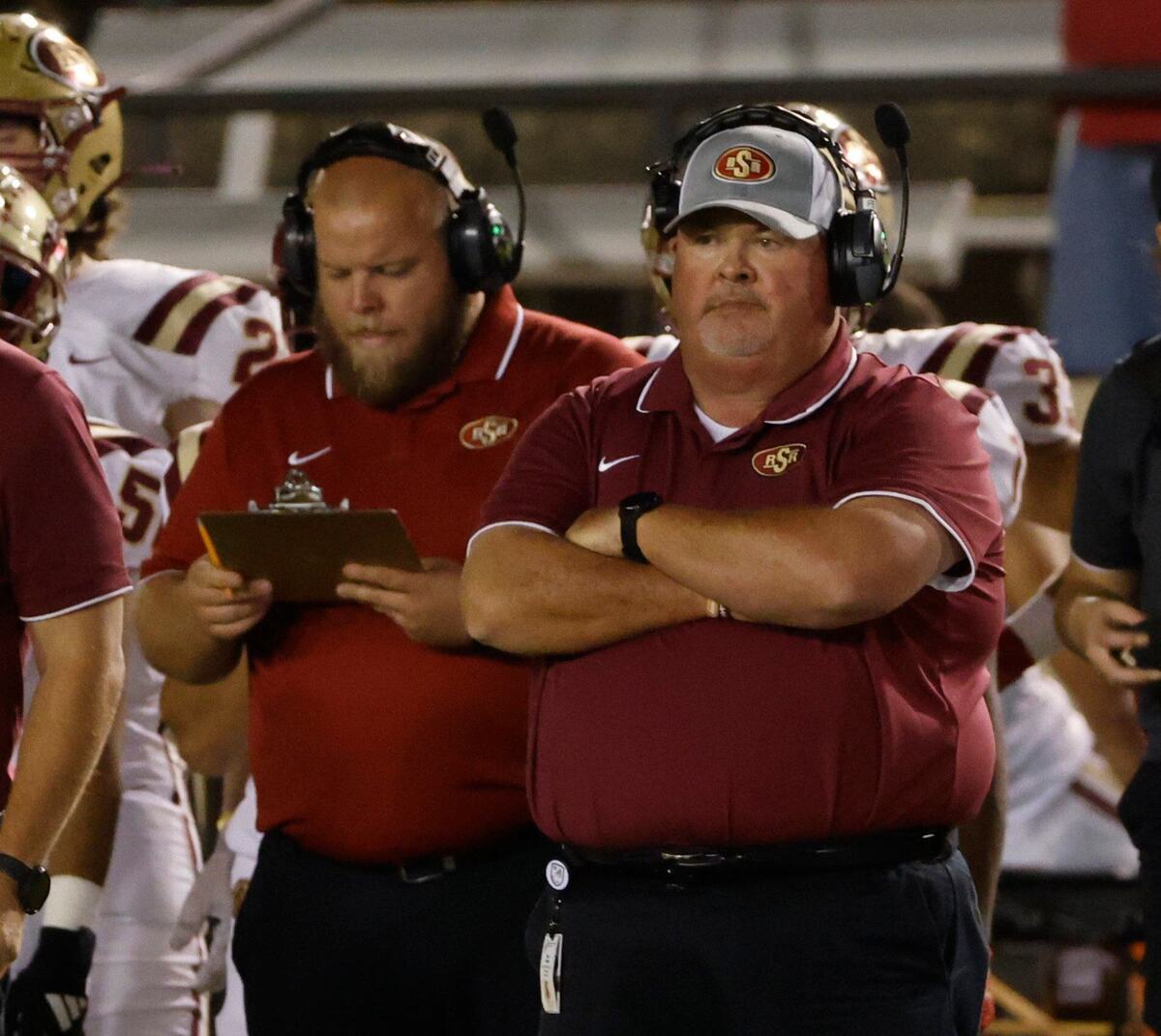 Saginaw head coach Mike Peters crosses his arms and watches the final 2:22 of their District 4-5A D1 football game at Farrington Field in Fort Worth, Texas, Thursday, Oct. 10, 2024. (Special to the Star-Telegram / Bob Booth)