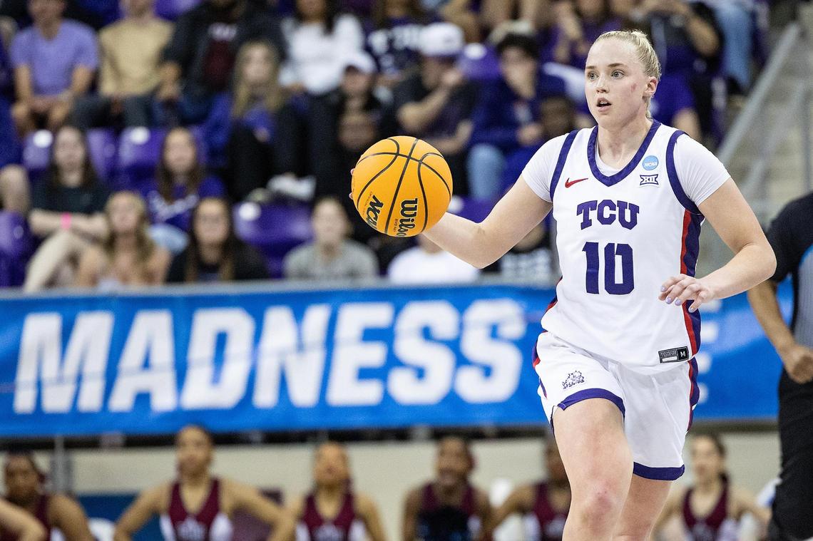 TCU guard Hailey Van Lith (10) pushes the ball up the floor in the second half of the first round of the Women’s NCAA Championships Tournament game between TCU and Fairleigh Dickinson at Schollmaier Arena in Fort Worth on Friday, March 21, 2025.