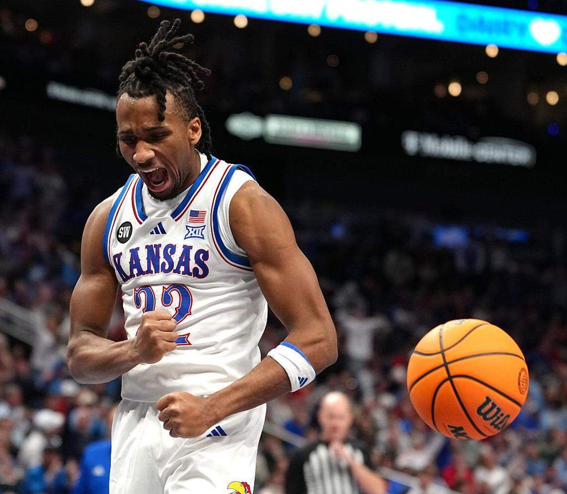 KANSAS CITY, MISSOURI - MARCH 12: Darryn Peterson #22 of the Kansas Jayhawks celebrates after being fouled on a shot by against the TCU Horned Frogs in the second half during the quarterfinals of the Big 12 Tournament at T-Mobile Center on March 12, 2026 in Kansas City, Missouri. (Photo by Ed Zurga/Getty Images)