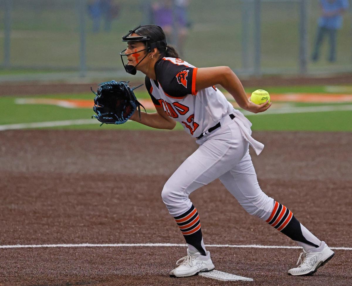 Aledo pitcher Brenlee Gonzales throws in the first inning during the UIL Conference 5A Region 1 final softball game at Aledo, Texas, Wednesday, May 22, 2024.