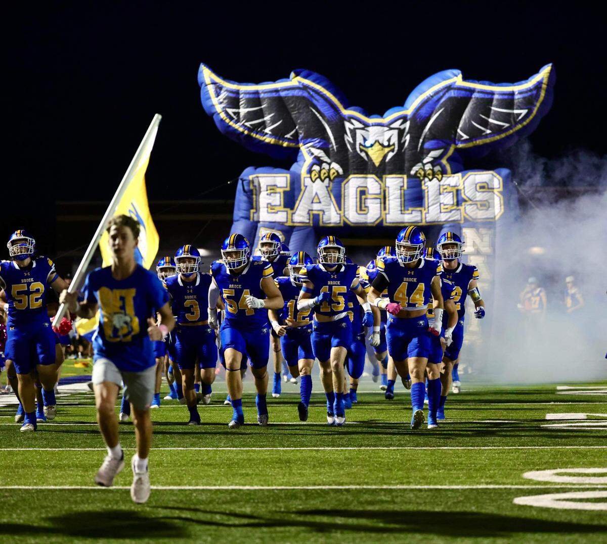 The Brock Eagles take the field for their game against Paradise on October 20, 2023 at Eagle Field in Brock, Texas.