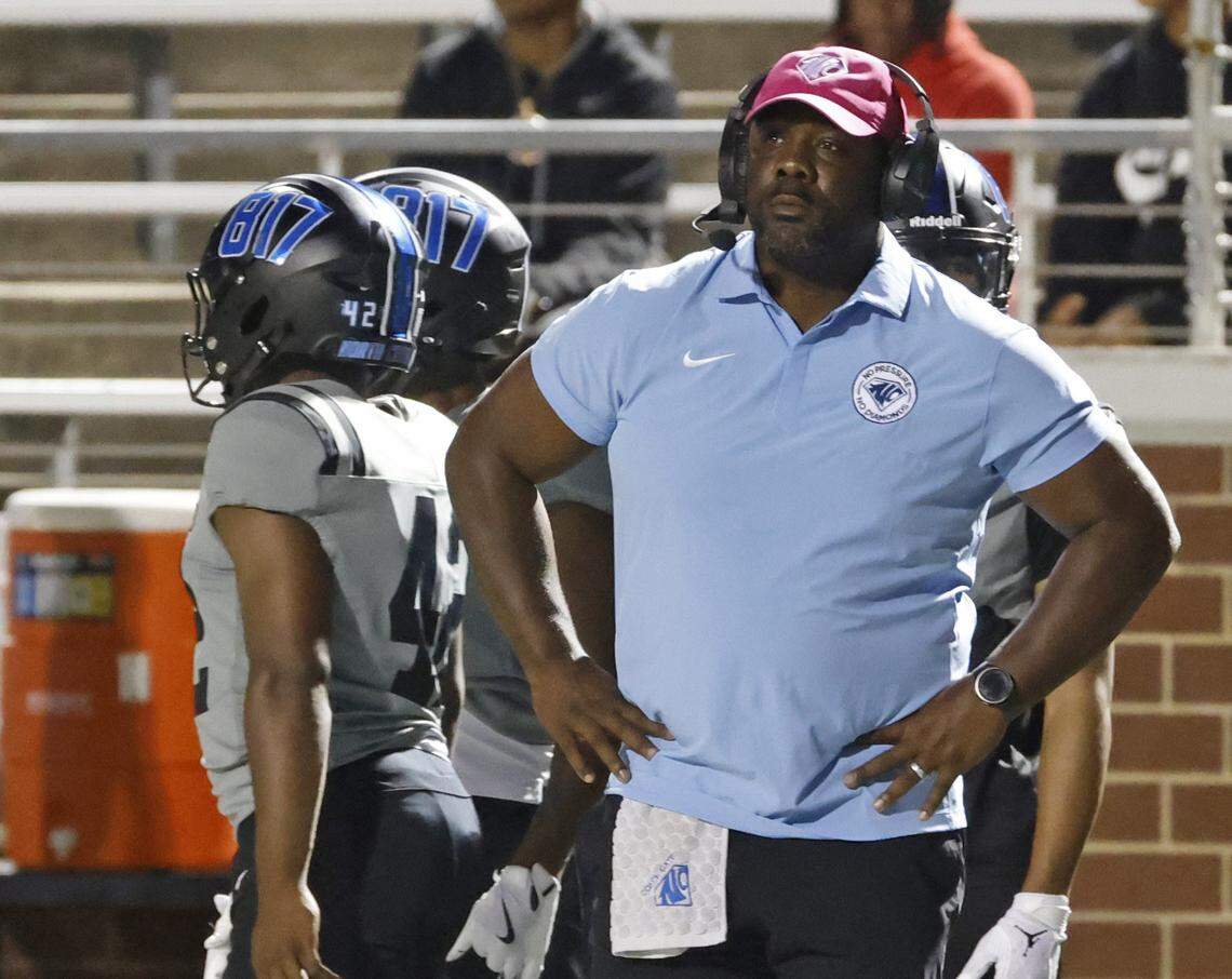 North Crowley head coach Ray Gates looks on during the first half of a UIL football game between North Crowley and Lake Ridge at Vernon Newsom Stadium in Mansfield, Texas, Thursday, October 9, 2025.
