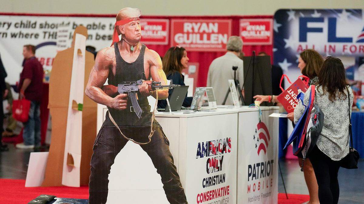 A Donald Trump cutout stands at Patriot Mobile display at the Republican Party of Texas convention at George R. Brown Convention Center on Thursday, June 16, 2022, in Houston.
