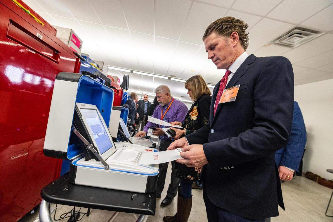 Bo French, the chairman of the Tarrant County Republican Party, participates in a public mock election to test the integrity of the voting equipment at the Tarrant County Election Administration building in Fort Worth on Thursday, Jan. 11, 2024.