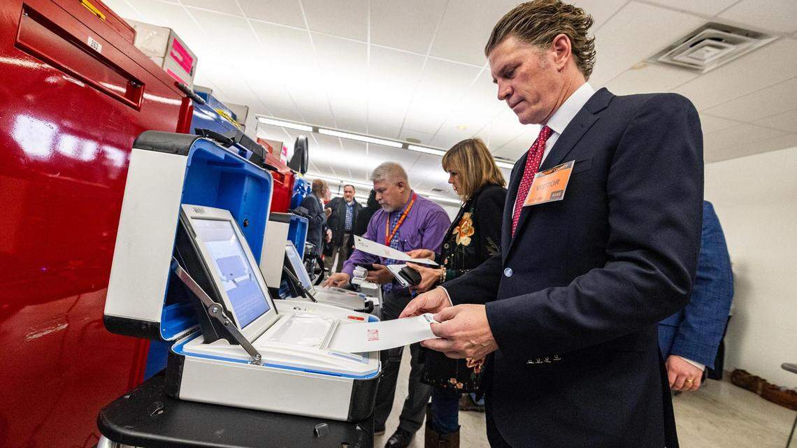 Bo French, the chairman of the Tarrant County Republican Party, participates in a public mock election to test the integrity of the voting equipment at the Tarrant County Election Administration building in Fort Worth on Thursday, Jan. 11, 2024.