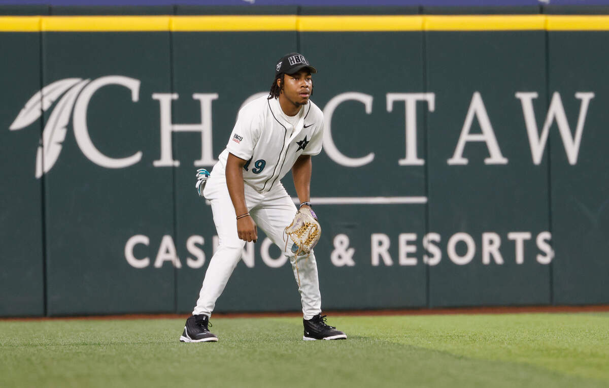 American League left fielder Michael Burroughs (19) from Prairie View A&M waits for the pitch during the HBCU Swingman Classic at Globe Life Field in Arlington, Texas, Friday July 12, 2024.