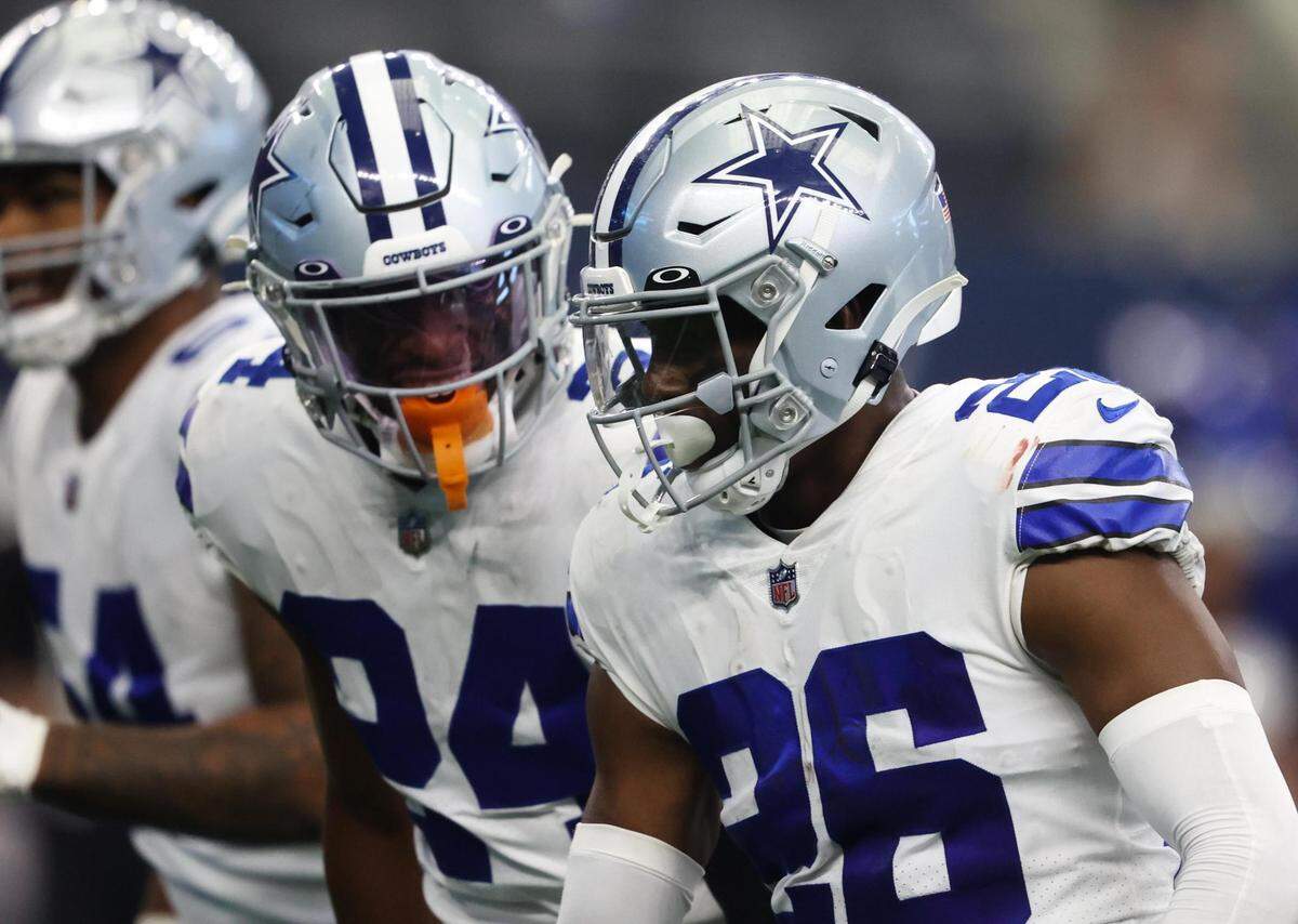 Dallas Cowboys DaRon Bland celebrates an interception during the game against Washington Commanders on Sunday, Oct. 2, 2022, at AT&T Stadium in Arlington.