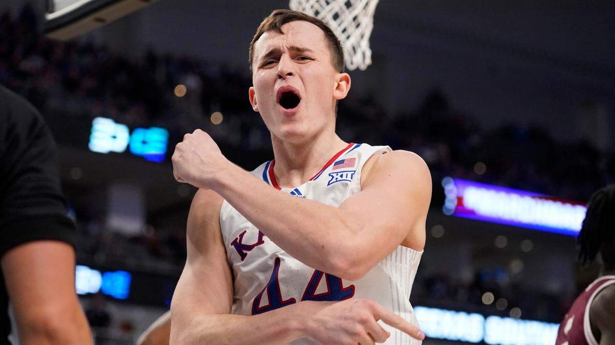 Kansas forward Mitch Lightfoot celebrates during the Jayhawks blow out win over Texas Southern Thursday night at Dickies Arena in Fort Worth. No. 1 seed Kansas plays No. 9 seed Creighton at 1:40 p.m. Saturday in the second round of the NCAA tournament.